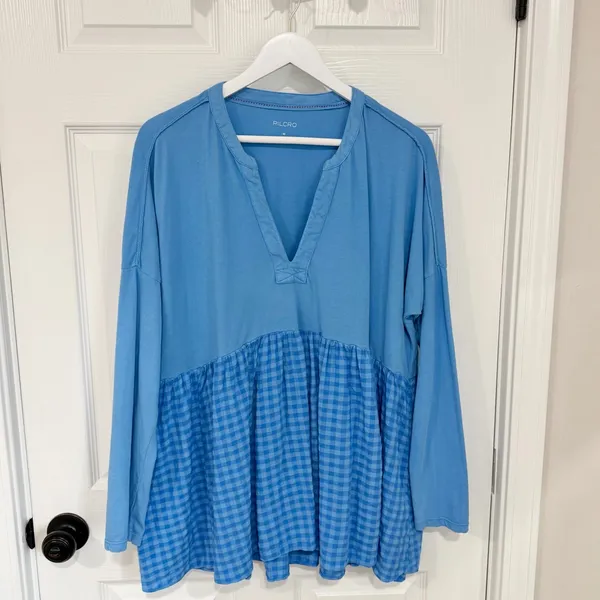 Anthropologie Pilcro Boho Blue Long-Sleeve Babydoll V-Neck Gingham Medium Top - Image 7