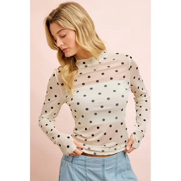 BiBi High Neck Line Polka Dots Mesh Top With Thumb Open - XLarge - Image 16