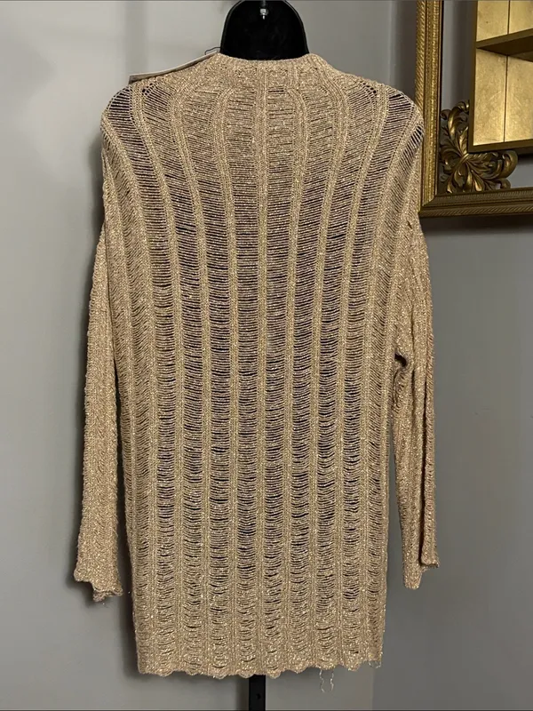 NEW Zara Medium Gold Metallic Open Knit Longline Pullover Sweater NWT - Image 3