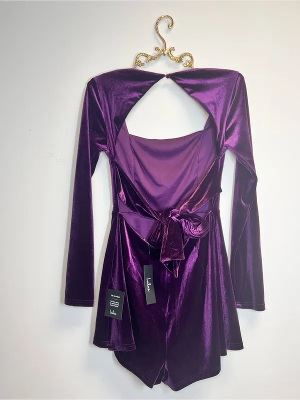 Lulu's Feeling Cheery Purple Velvet Long Sleeve Tie-Back Romper - Image 6
