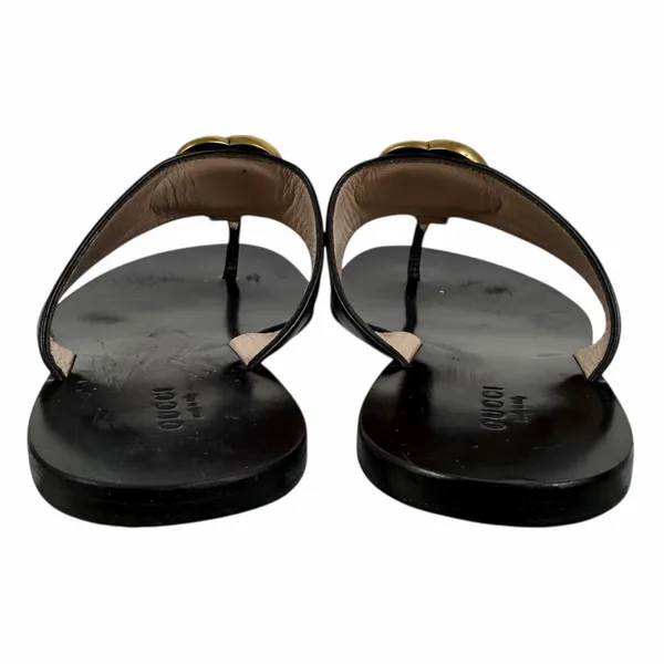 Gucci Black Leather Thong Sandal Gold Double G Logo Size 36.5 - Image 9