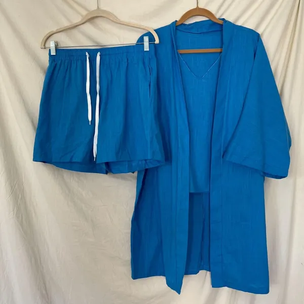 Source Unknown Linen & Cotton Blend 3 Piece Matching Lounge Casual Set M Shorts Top Cardigan - Image 4