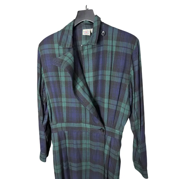 Vintage JG Hook‎ Plaid Rayon Maxi Dress Green Navy Blue Size 16 - Image 3