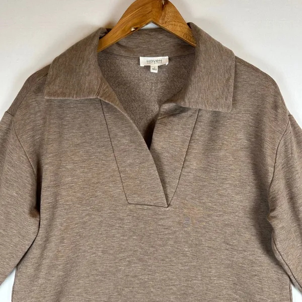 Haven Well Within Brown Johnny Collar V-Neck Pullover Sweatshirt Pockets Small - Image 6