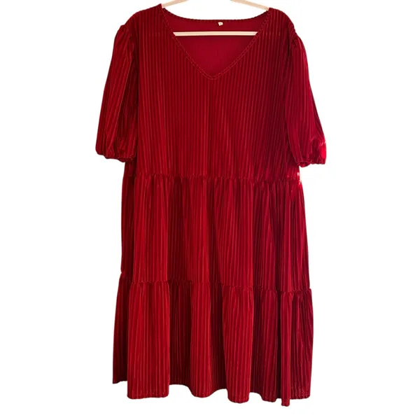 Velvet Burn Out Red Dress Boho Cottage Core Casual SZ 4X V Neck Short Sleeve - Image 2