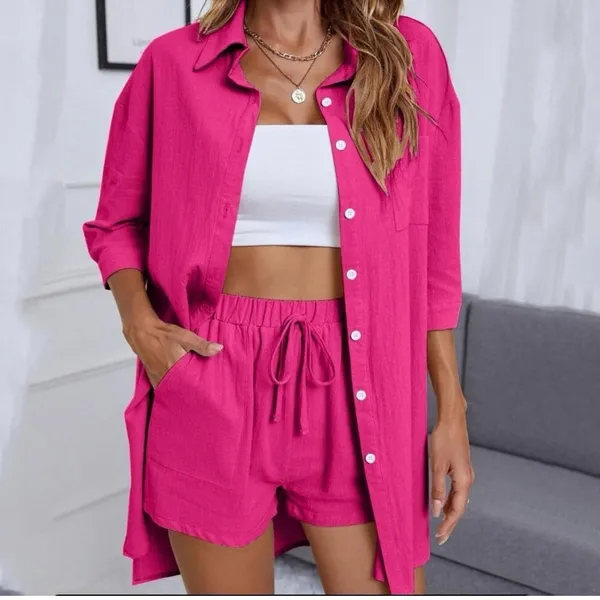 Pink Button Down 3/4 Sleeve Shirt Size M - Image 2