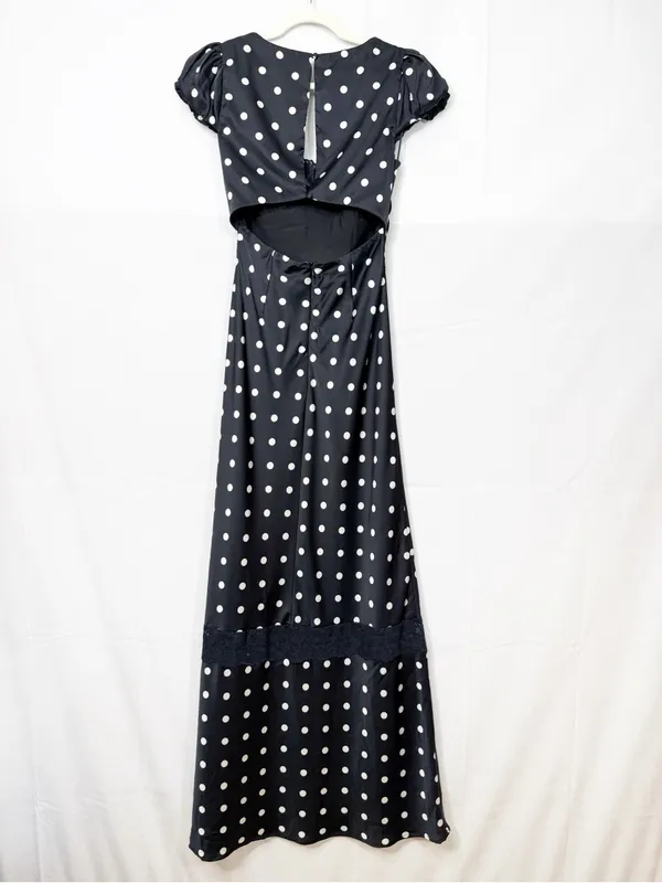 Vestique Mariselle Maxi Dress Polka Dot Lace Puff Sleeve Black White Satin - Image 5