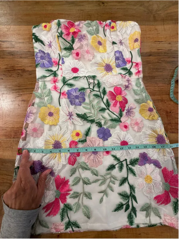 Floral Embroidered Lace Mini Dress Size S Strapless Colorful Mesh Overlay Weddin - Image 12