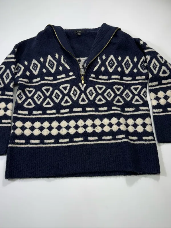 J. Crew Wool Blend Navy and White Fair Isle Half-Zip Sweater - Image 2