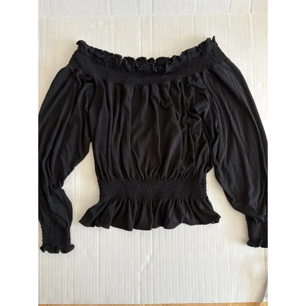 Lauren Ralph Lauren Black Off-Shoulder Smocked peplum Blouse S long sleeve - Image 6