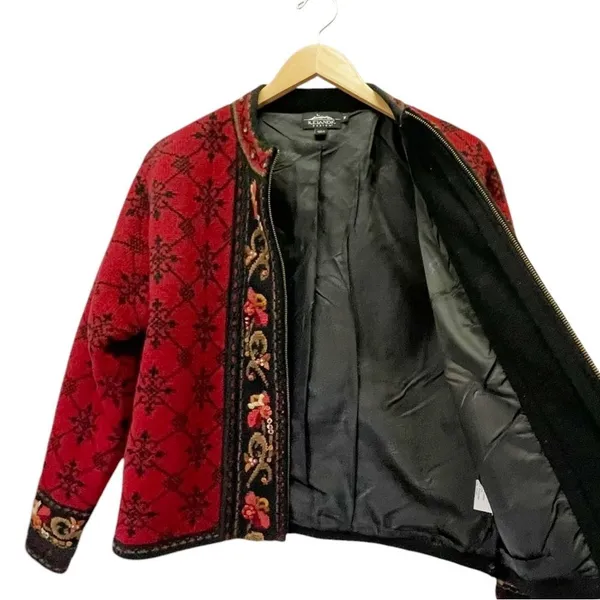 Icelandic Design Wool Cardigan Sweater M Red Nordic Embroidered Floral Full Zip - Image 9