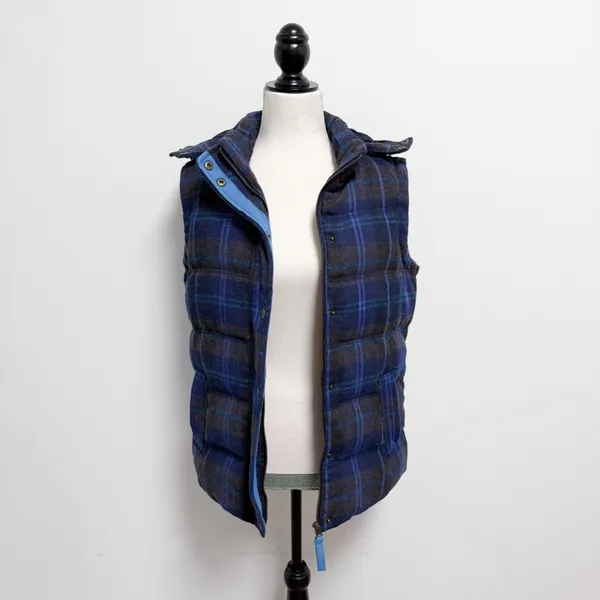 Boden Blue Brown Plaid Wool Blend Zip Up Hooded Puffer Pembroke Down Vest 6 - Image 2