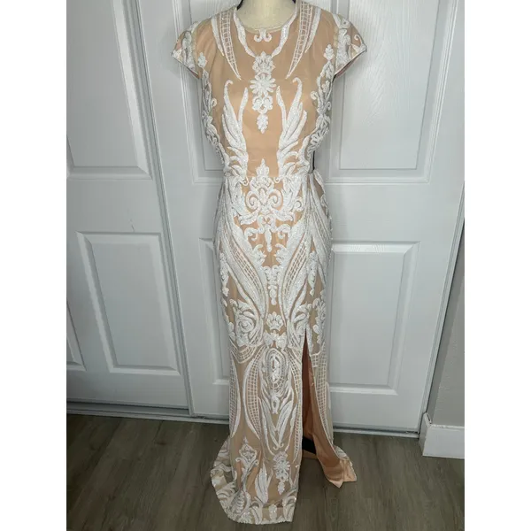 Ryse Emily Cutout Sequin Maxi Gown M White Nude Illusion Formal Slit NWOT - Image 2
