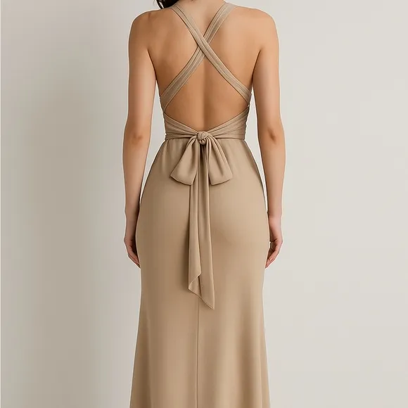 Maxi Dress Womens Small Tan Excellent Open‎ Back Criss Cross Tie Formal Evening - Image 2
