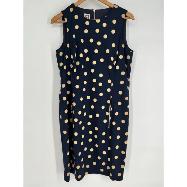ANNE KLEIN Polka Dot Sheath Dress Womens 12 Navy Blue Tan Sleeveless Pockets - Image 2
