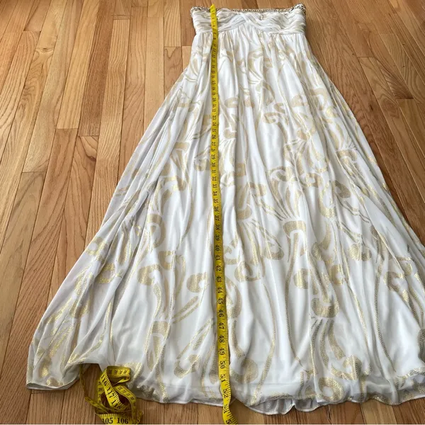 Ethereal Grecian Strapless Maxi Dress Womens 12 White Gold Beaded Formal Gown - Image 8