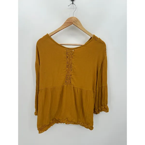 Adiva Top Women XL Mustard Yellow Boho Babydoll Casual Lagenlook‎ Embroidered - Image 2