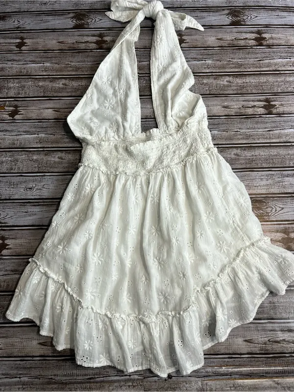 Aerie White Halter Eyelet Mini Dress - Smocked Waist Size Medium - Image 5