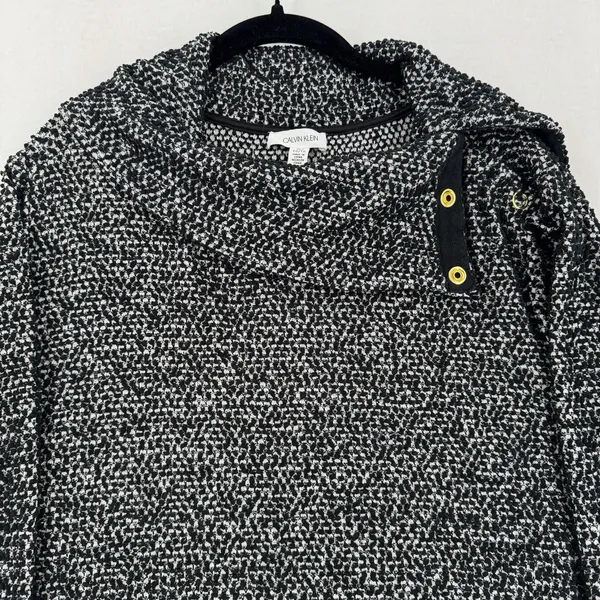 Calvin Klein Women XL Textured Boucle Hooded Sweater Black White Pullover Cozy - Image 2