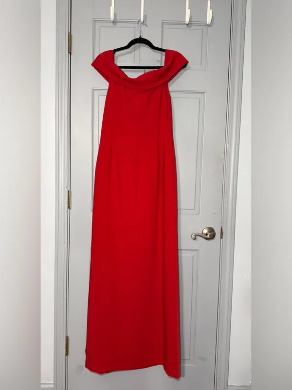 Lauren Ralph Lauren Red Off-Shoulder Cowl Maxi Dress with Front Slit FLAW - Image 2