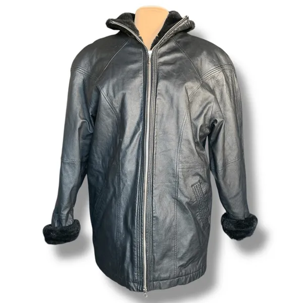 Vintage 90s Wilsons Leather Black Faux Fur Trimmed Bomber Jacket Oversized Large - Image 2