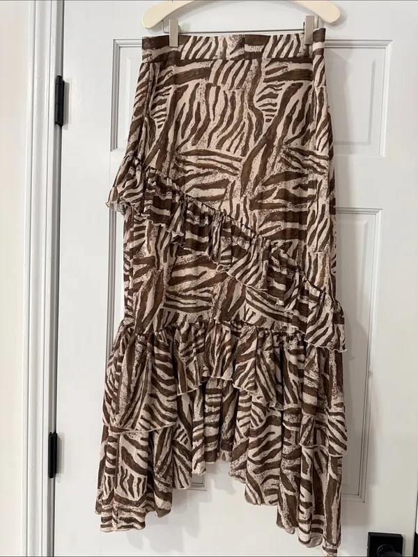 Sinsay Beige Zebra-Print Tiered Ruffle Asymmetrical Midi Lined Skirt Size XL - Image 11