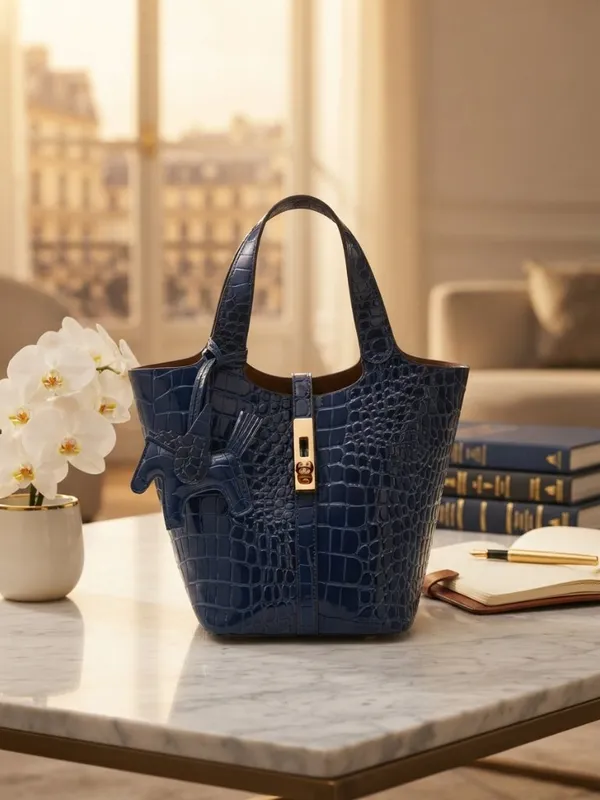 Luxury Navy Blue Croc-Embossed Bucket Bag with Gold Hardware & Charm - Image 9
