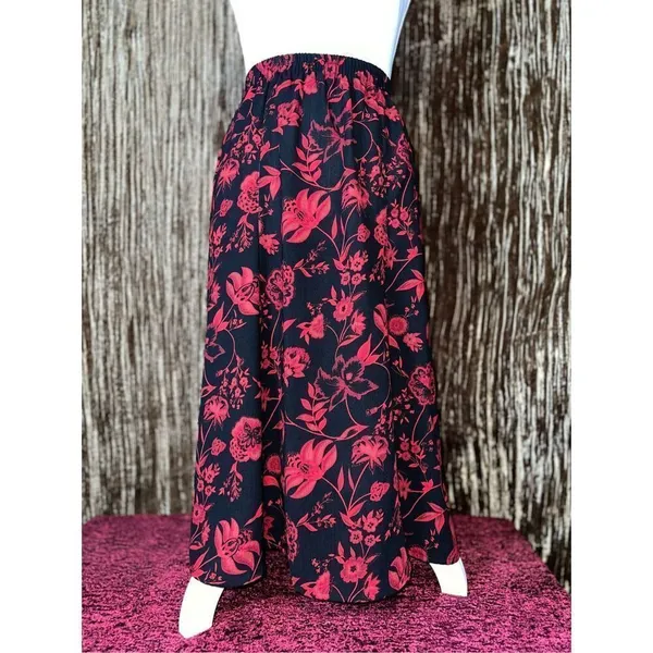 VTG Women’s Red Florals Black Midi Skirt 16W - Image 2