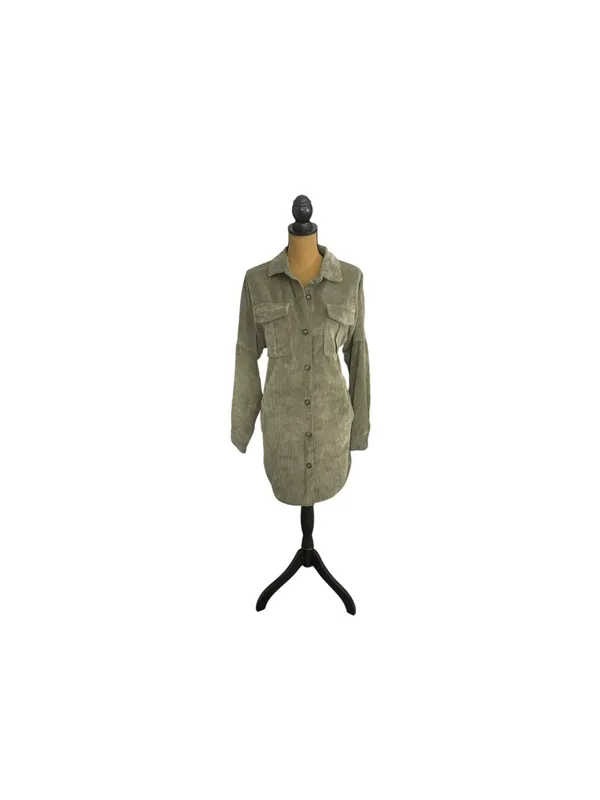 Ashley by 26 International Corduroy Shacket Dress M Olive Utility Longline Boho - Image 2
