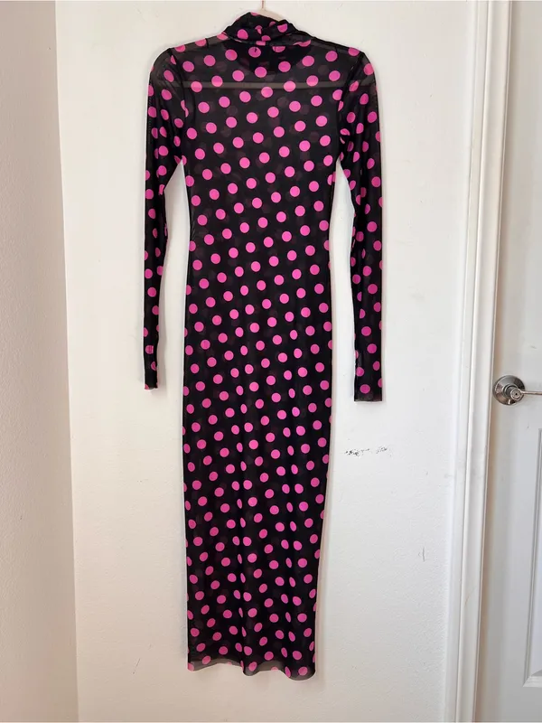 Anthropologie AFRM Black Purple Polka Dot Mesh Midi Dress Women's XS Mock Neck - Image 2