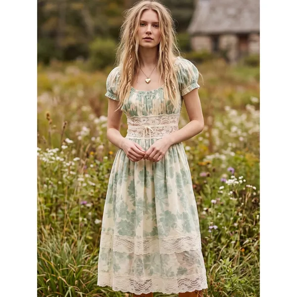 Free People Ethereal Dainty Cottage Lace Honeysuckle Floral Midi Dress Medium - Image 5