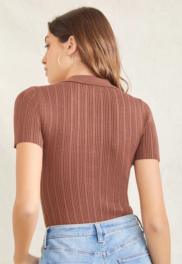 Forever 21 Brown Collared Sweater-Knit Bodysuit - Image 5