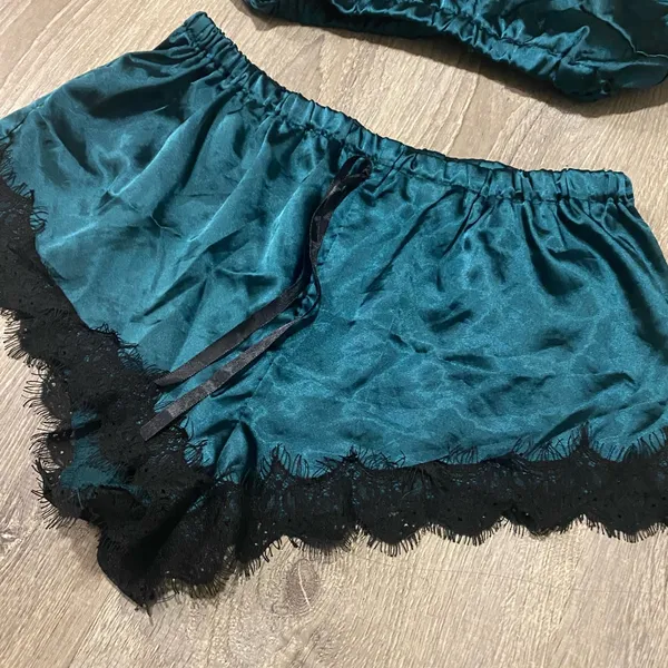 Emerald Satin Lace Pajama Set | Cami Crop Top & Boyshorts Small - Image 3