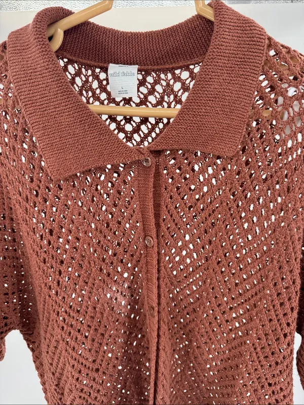 wild fable Brown metallic Open-Knit short sleeve crocheted Sweater L button up - Image 8