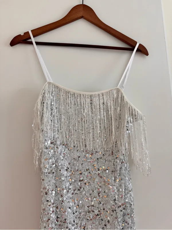 Lulus Beaming with Beauty Silver Sequin Sleeveless Fringe Mini Dress - Image 2