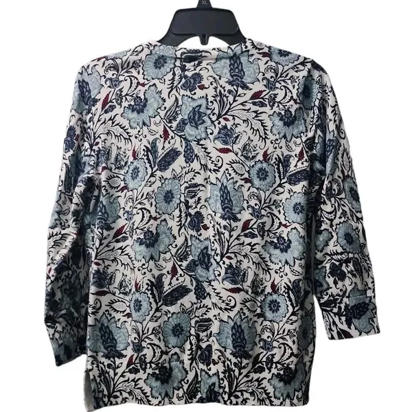 LOFT Floral Cardigan‎ Sweater Button Front 3/4 Sleeve Blue White XL - Image 2
