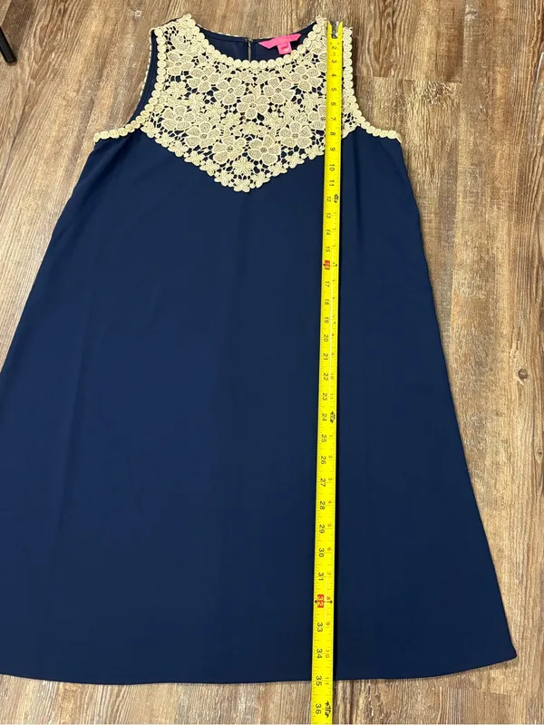 Lilly Pulitzer Navy Nala Shift Dress 4 Gold Crochet Lace Neckpiece Preppy Summer - Image 9