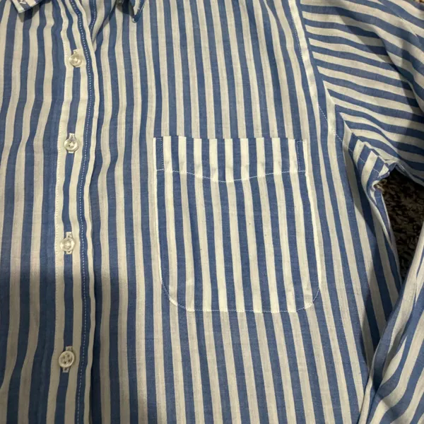 Vintage Izod Lacoste Blue White Striped Button Down Shirt Womens 12 Preppy Logo - Image 3