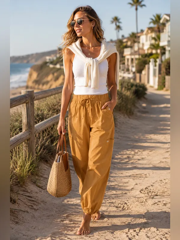 Rip Curl South Bay Cargo Pants Cotton Poplin Drawstring Utility Tan L - Image 2