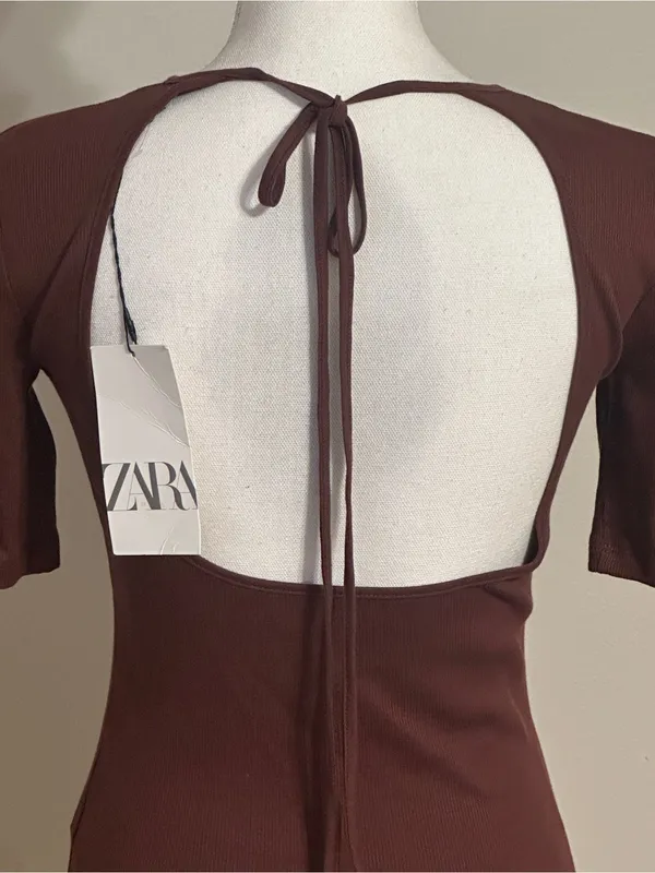Zara Brown Ribbed Short Sleeve Open Back with Delicate Tie Top NWT - Image 5