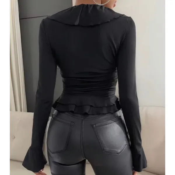 Women's Black Ruffle V-Neck Peplum‎ Long Sleeve Blouse Top Ruched Sexy XL 12 - Image 8