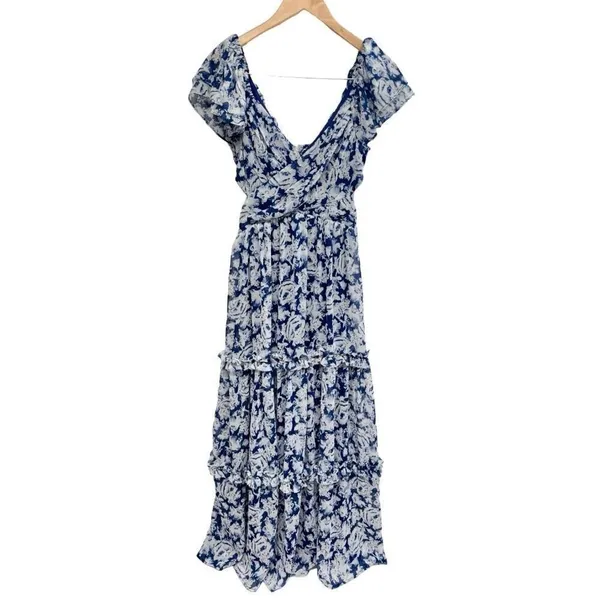 AQUA Blue White Floral Metallic Ruffle Maxi Dress Size Extra Small NWT - Image 2