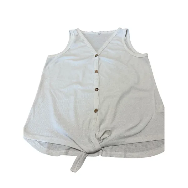 White Waffle Knit Button Front Tie Hem Tank Top Sleeveless V-Neck Large‎ - Image 4