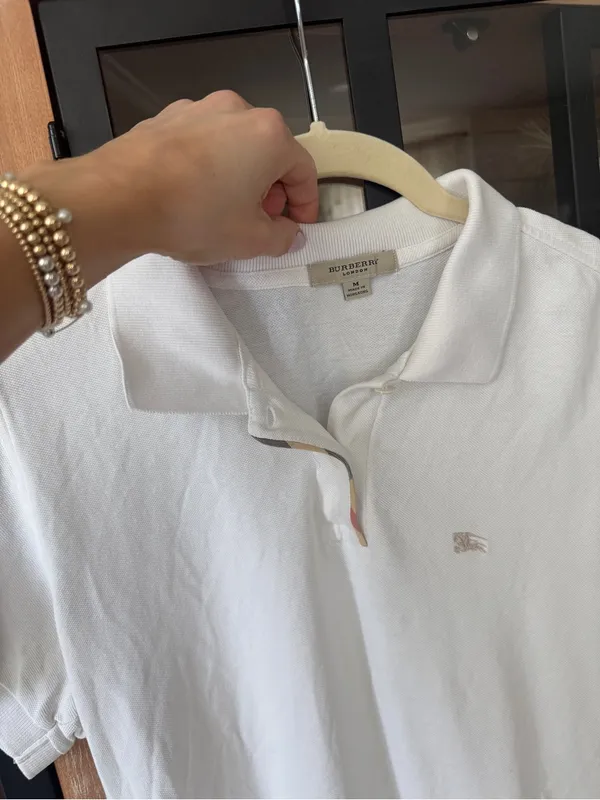 Burberry polo shirt short sleeve top collar cotton plaid trim embroidered logo - Image 3