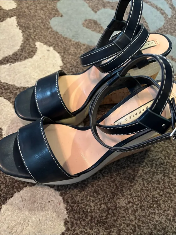 Zara Navy Blue Strappy Cork Platform Wedge Sandals - Image 2