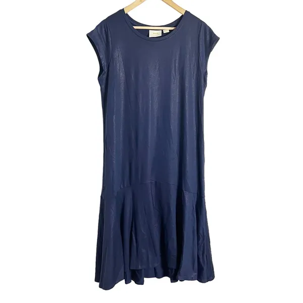 Maeve Anthropologie Ismene Navy Blue Metallic Cap Sleeve Drop Waist Midi Dress L - Image 3