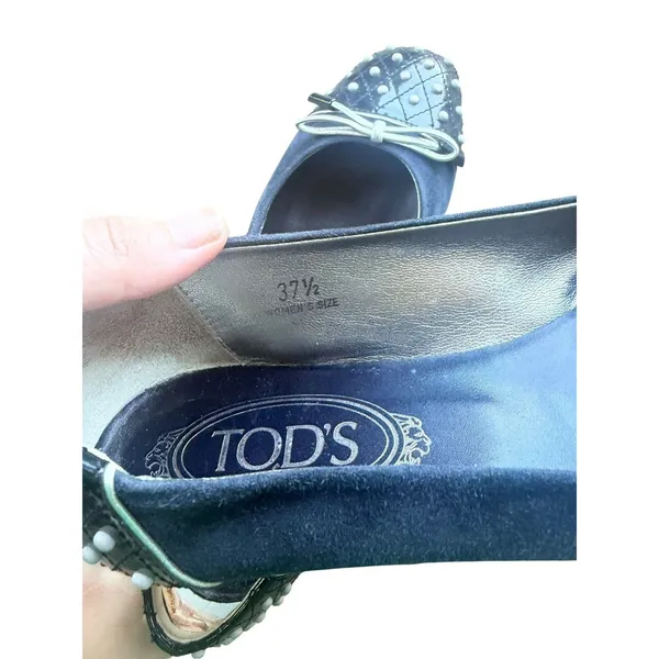 Tod’s Women’s 37.5 US 7.5 Blue Suede Ballet Flats Studded Patent Leather Bow Y2K - Image 4
