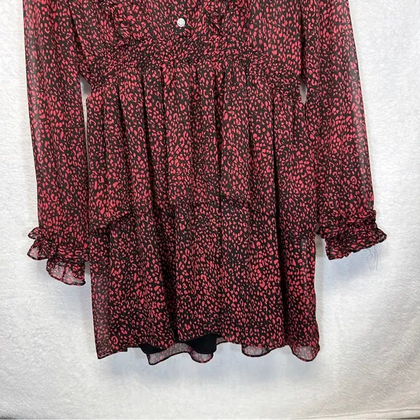Zara Red & Black Cheetah Print Long‎ Sleeve Ruffled Mini Dress Size L - Image 3