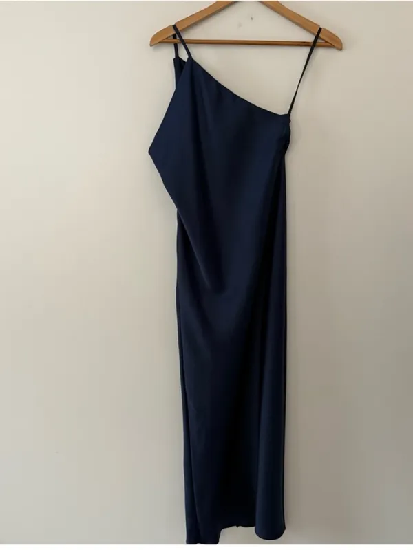ASOS Navy One Shoulder Satin Midi Dress Side Slit Drape Back Elegant Evening 4 - Image 4