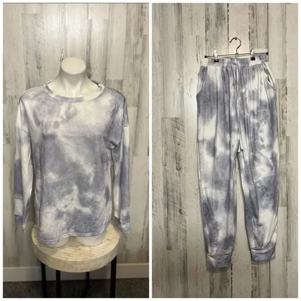 Tie Dye Lounge Set Womens Medium Gray White Sweatshirt Jogger Set Cozy - Image 2